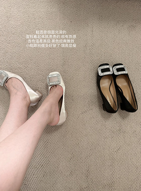 lady ww超美～法式方扣缎面水钻方头高跟鞋女新款气质粗跟单鞋女