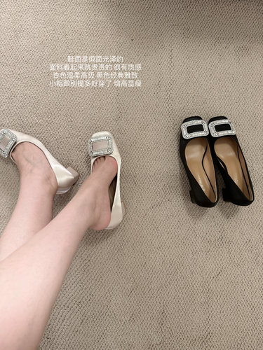 超美方扣水钻高跟鞋缎面单鞋法式