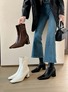 lady ww好版型！新款法式方头显瘦短靴女粗跟弹力瘦瘦靴子高跟靴