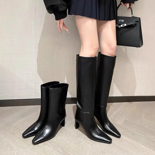 lady ww超大牌全真皮气质尖头显瘦长靴女时尚不过膝粗高跟骑士靴