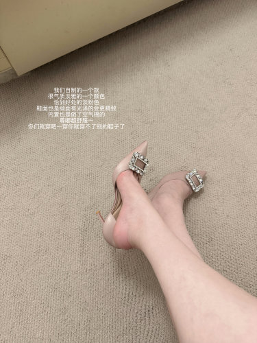 自制缎面水钻方扣侧空高跟鞋女