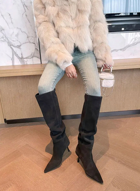 lady ww巨洋气长靴女气质尖头高跟堆堆靴复古显瘦骑士靴细跟靴子