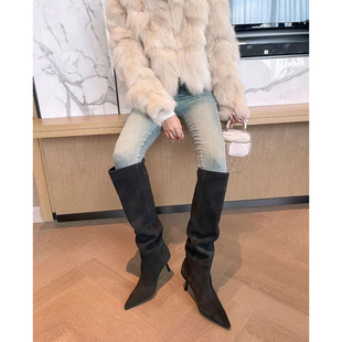 lady ww巨洋气长靴女气质尖头高跟堆堆靴复古显瘦骑士靴细跟靴子