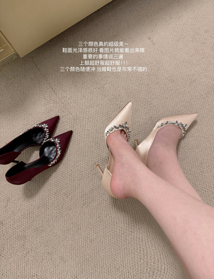 缎面高跟鞋女细跟尖头侧空单鞋