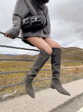 lady ww高品质法式慵懒风堆堆褶皱长靴女靴子平底坡跟尖头高筒靴