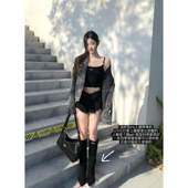 lady ww新款 k甜酷风高跟靴子女黑色绒面尖头粗跟气质百搭高筒靴