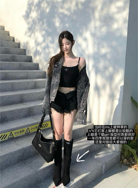 lady ww新款s*k甜酷风高跟靴子女黑色绒面尖头粗跟气质百搭高筒靴