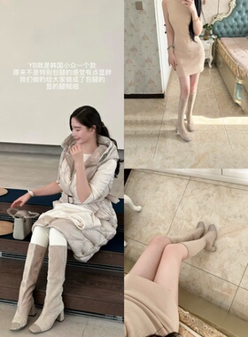 lady ww韩风高跟长靴女新款绒面弹力瘦瘦靴显瘦方头粗跟长筒袜靴