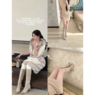 lady ww韩风高跟长靴女新款绒面弹力瘦瘦靴显瘦方头粗跟长筒袜靴