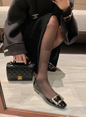 lady ww经典rv方扣小方头浅口高跟鞋女春夏新款粗跟平底通勤单鞋