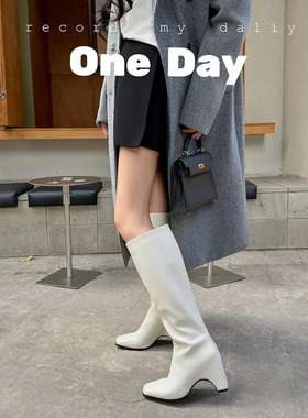 lady ww新款小众方头粗高跟真皮高筒靴子白色不过膝长靴骑士靴女