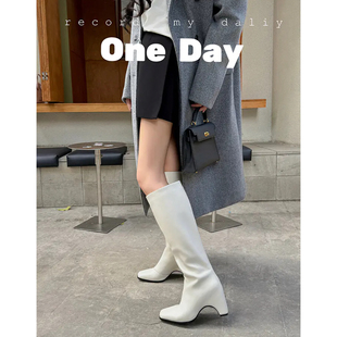 lady ww新款小众方头粗高跟真皮高筒靴子白色不过膝长靴骑士靴女