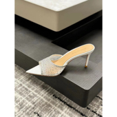 lady 细跟网纱烫钻尖头鱼嘴露趾高跟鞋 ww气质凉拖鞋 女夏外穿新款