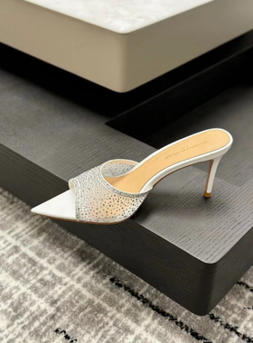 lady ww气质凉拖鞋女夏外穿新款细跟网纱烫钻尖头鱼嘴露趾高跟鞋