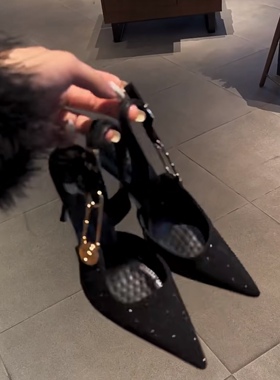 lady ww黑色水钻高跟鞋2025新款尖头细跟别针徽章性感凉鞋女鞋子