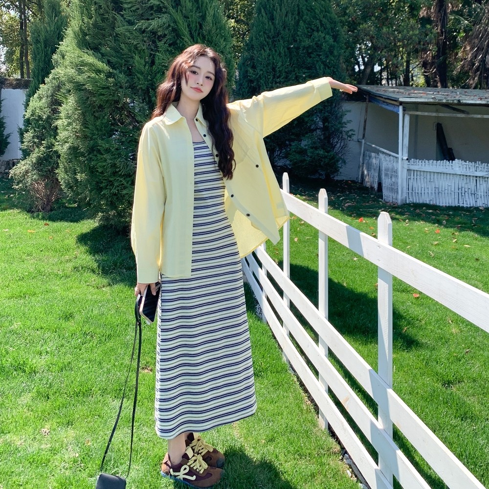 套装裙女2026年春秋季新款韩版宽松休闲衬衫条纹吊带连衣裙两件套,女装/女士精品,时尚套装,淘宝优惠券,粉丝福利购,淘宝优惠卷