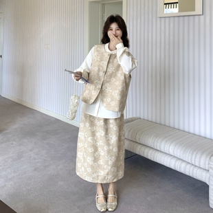 小香风韩系chic套装裙女2026春秋季新款印花马甲衬衫半身裙三件套