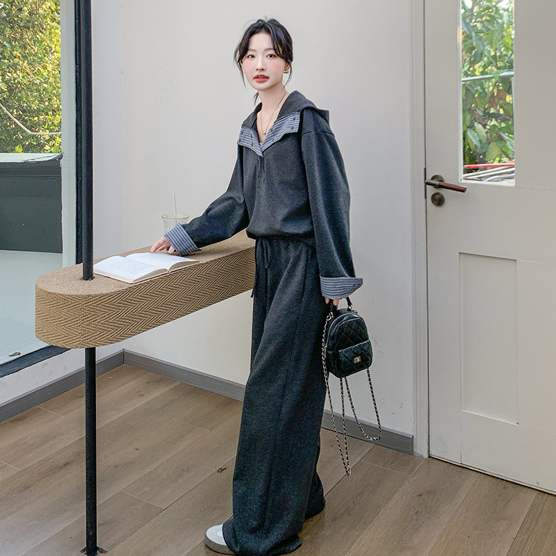 条纹拼接灰色卫衣套装女2026春秋季新款连帽外套上衣阔腿裤两件套,女装/女士精品,时尚套装,淘宝优惠券,粉丝福利购,淘宝优惠卷