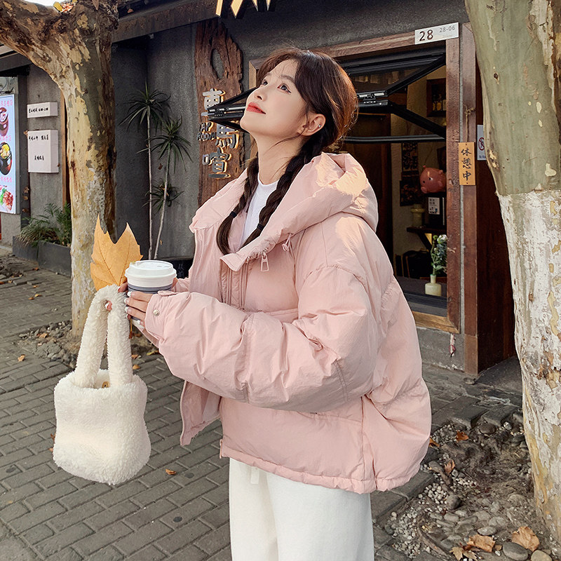 粉色短款连帽羽绒服女2025年冬季新款时尚小个子白鸭绒面包服外套
