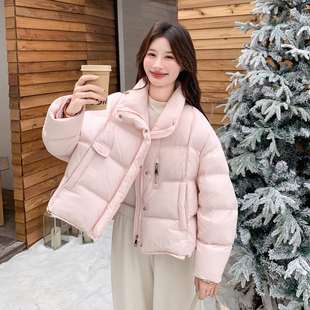粉红色白鸭绒羽绒服女2025年冬季新款时尚洋气加厚保暖面包服外套