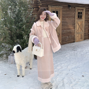 麂皮绒超火加棉加厚外套粉色半身裙套装女2025冬季新款气质两件套