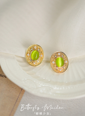 绿色猫眼石珍珠法式复古耳环港风宫廷赫本巴洛克耳钉轻奢锆石耳夹