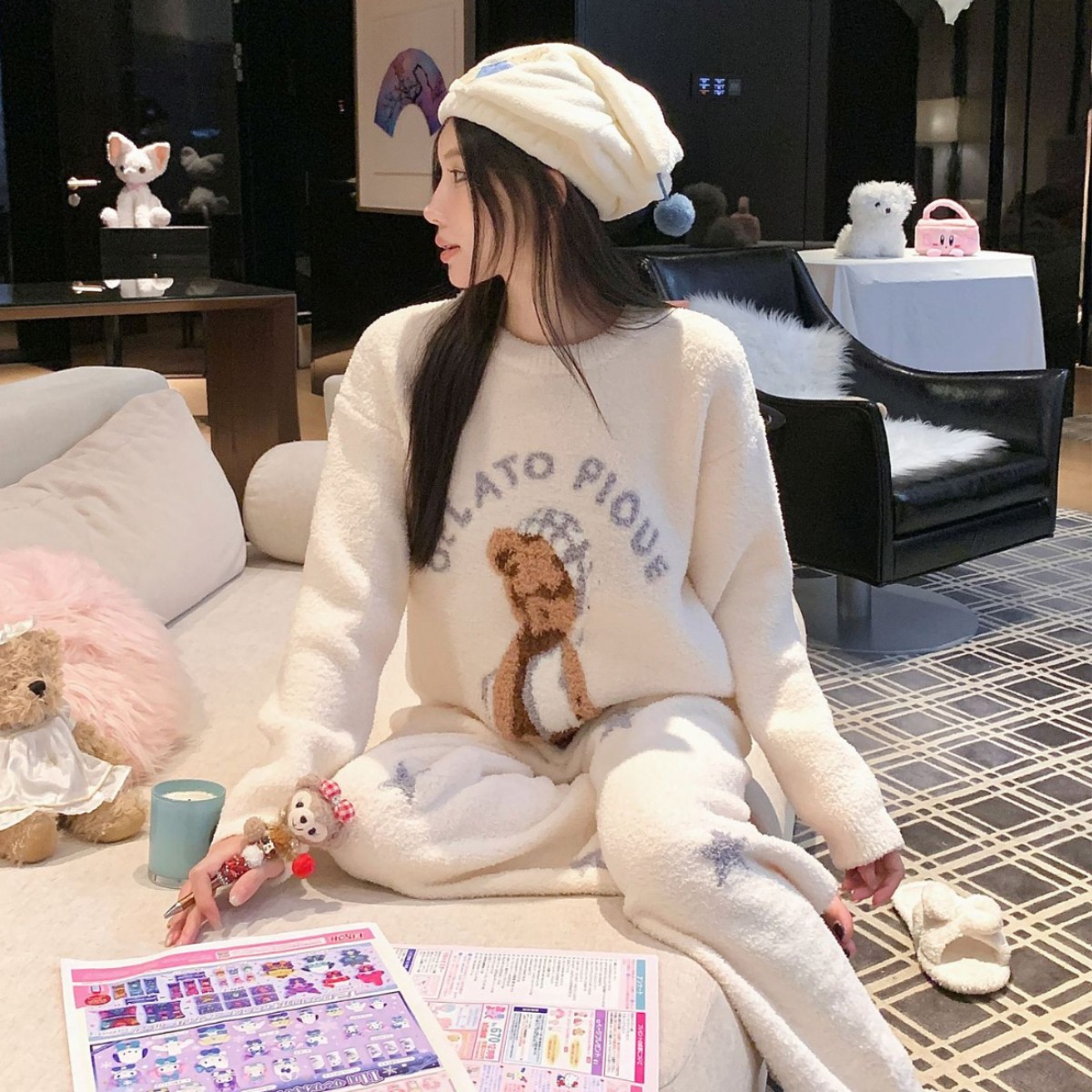 冬季加厚加绒小熊睡衣套装女