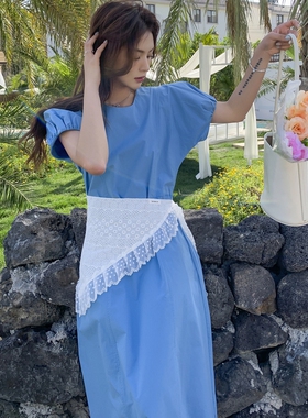 新款首发天蓝色搭配设计感蕾丝三角巾叠穿连衣裙2551-P155-K228