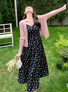 首发现货！粉色针织开衫吊带裙法式碎花连衣裙两件套5069P135K198