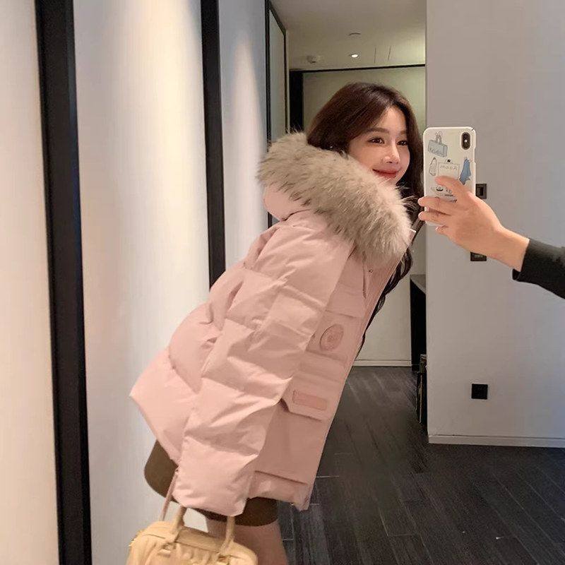 工装毛领高级加厚棉衣2025粉色冬季女派克新款百搭防寒外套