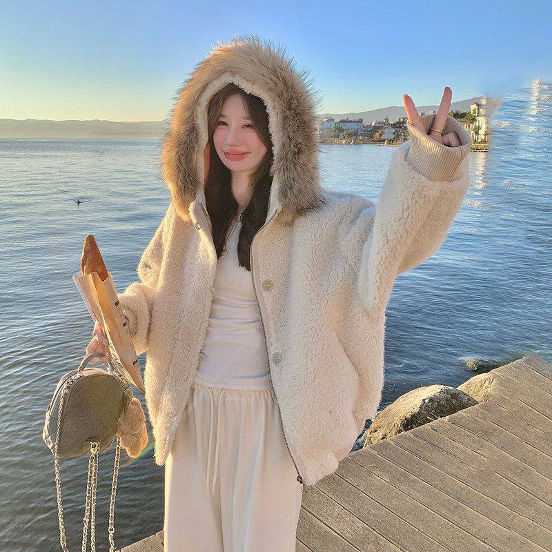 超大真貉子毛领连帽加厚卫衣开衫女欧货冬加厚皮毛一体羊羔毛外套