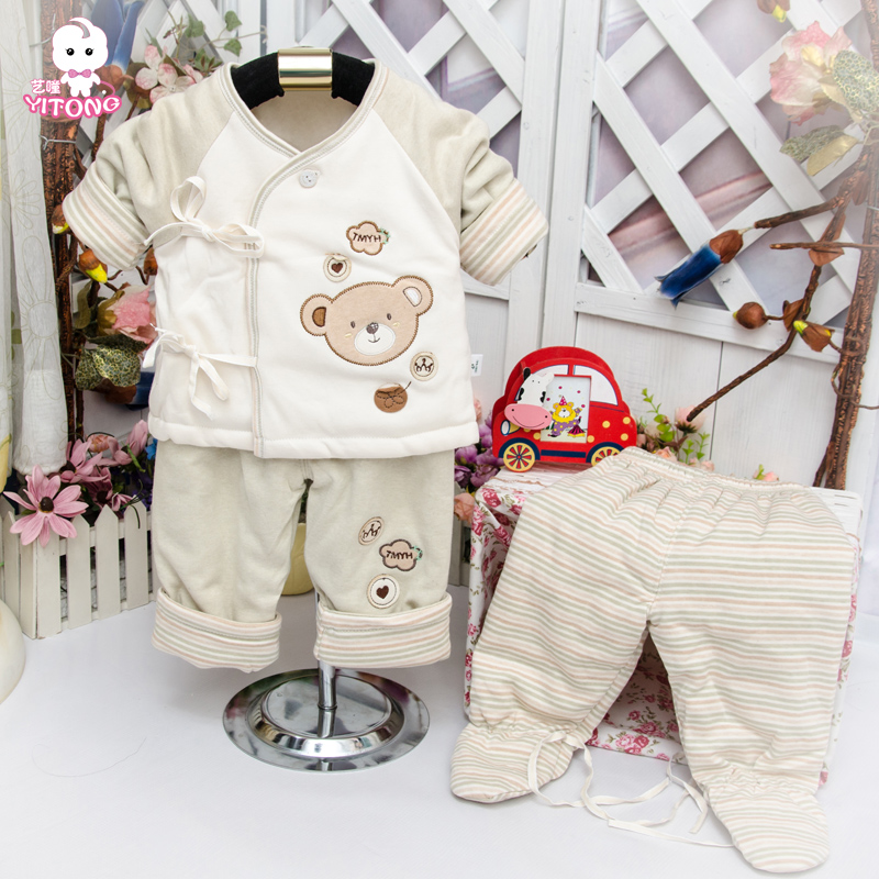 新生儿加厚棉衣棉裤婴儿衣服彩棉秋冬三件套初生儿分体包脚厚套装