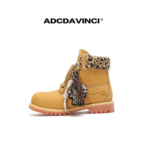 ADC达芬奇 ADCDAVINCI 豹纹拉丝大黄靴/头层牛皮户外百搭靴子