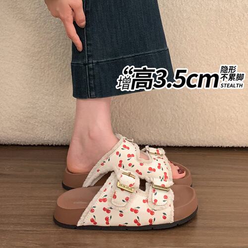 樱桃印花厚底增高勃肯一字拖女