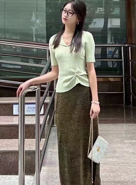 哥家蝴蝶衫针织上衣女v领针织衫翻领针织开衫气质百搭短袖A301222