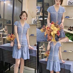 5500288阿家亚麻小香风连衣裙修身夏季女连衣裙