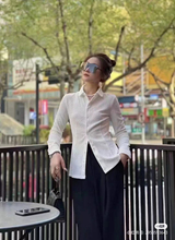 5300528阿家商场同款2024秋新款纹理褶皱修身长袖衬衫翻领衬衣女