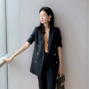 5400244阿家春季新款黑色宽松休闲职业亚麻中长款西装外套女