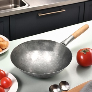 CCK 木单柄圆底熟铁无涂层传统手工手打纯铁锅炒锅 香港陳支記