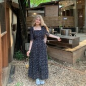 气质显瘦方领短袖 大码 加长法式 印花连衣裙夏高个子熟女脚踝长裙子