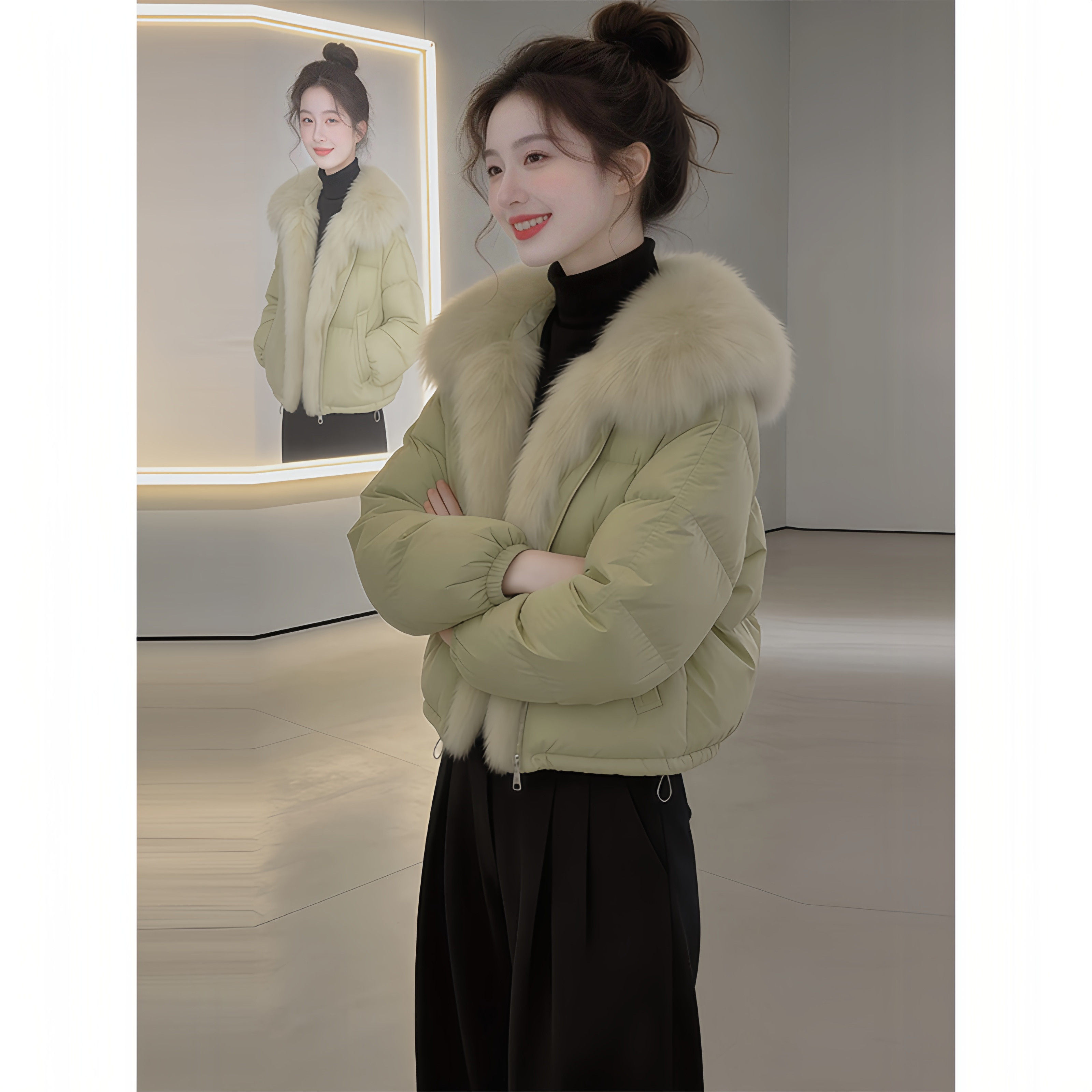 小香风大毛领羽绒棉服女款2025秋冬季新款保暖加厚棉衣面包服外套