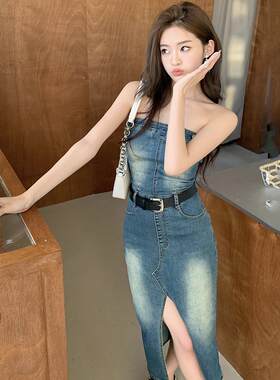 实拍2024夏装新款一字肩抹胸裙牛仔连衣裙女性感辣妹包臀裙子