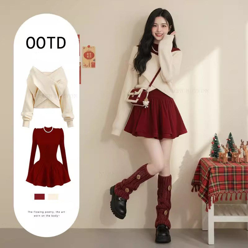 大尺码秋冬季甜美风套装女红色新年战袍毛衣搭配气质洋装两件套