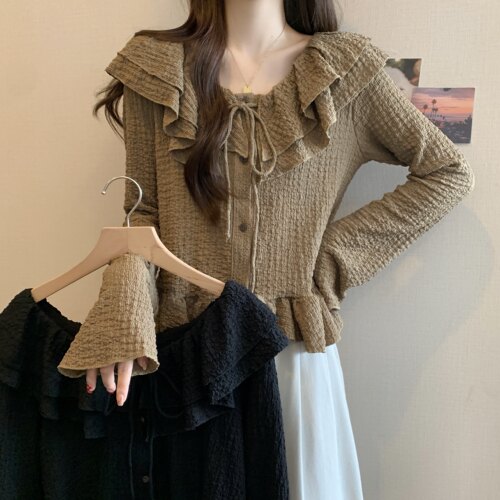 实拍~大码女装新款法式荷叶边蝴蝶结衬衫别致收腰显瘦上衣