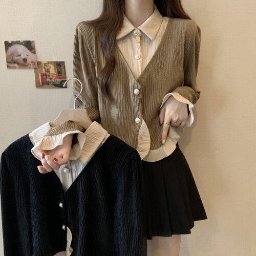 实拍~大码女装单排扣衬衣领拼接木耳边百搭时尚上衣