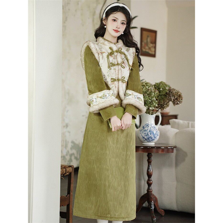 新中式轻国风马甲旗袍棉服高级感温柔风连衣裙两件女装秋冬款套装