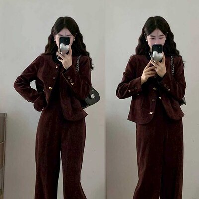 实拍~大码女装2025新款气质复古显瘦外套阔腿裤长裤胖mm显瘦套装