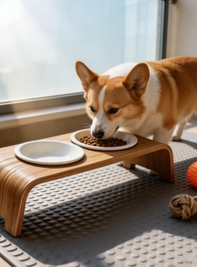 猫狗通用陶瓷双碗 实木宠物餐桌 防滑食盆喝水碗