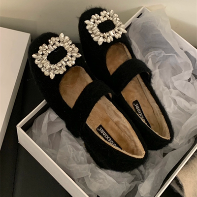 粗跟加绒高跟毛毛鞋女外穿秋冬新款水钻方扣中跟玛丽珍温柔晚晚鞋