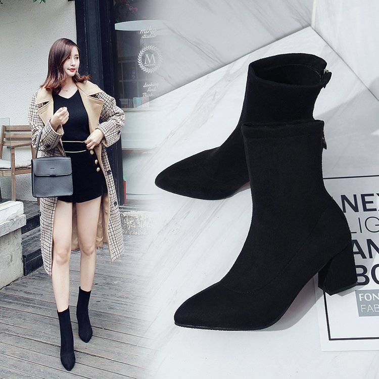 短靴女秋冬季新款磨砂马丁靴粗跟高跟鞋百搭尖头网红瘦瘦弹力靴子